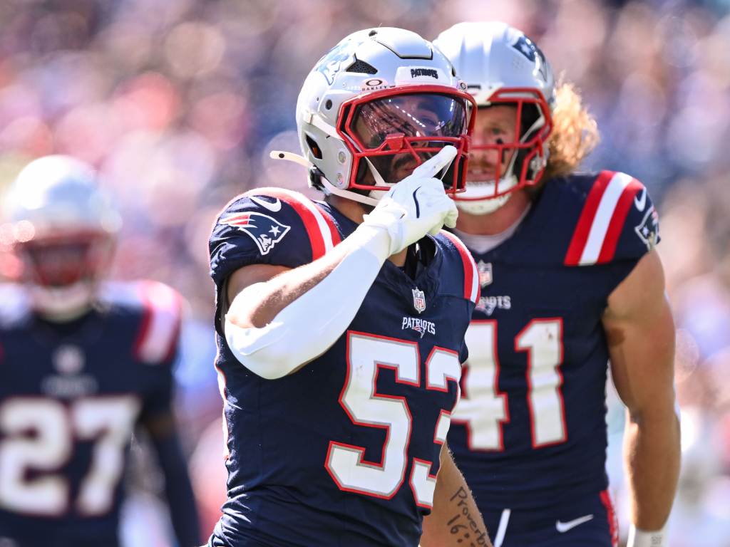 Oct 6, 2024; Foxborough, Massachusetts, USA; New England Patriots linebacker Christian Elliss (53) reacts after making a tackle against the Miami Dolphins during the first half at Gillette Stadium. Credit: Brian Fluharty-Imagn Images