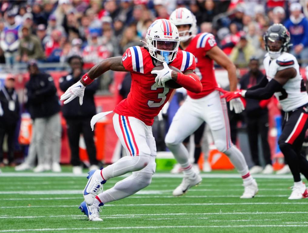 Oct 13, 2024; Foxborough, Massachusetts, USA; New England Patriots wide receiver DeMario Douglas (3) runs back a kickoff against the Houston Texans during the second half at Gillette Stadium. Credit: Gregory Fisher-Imagn Images