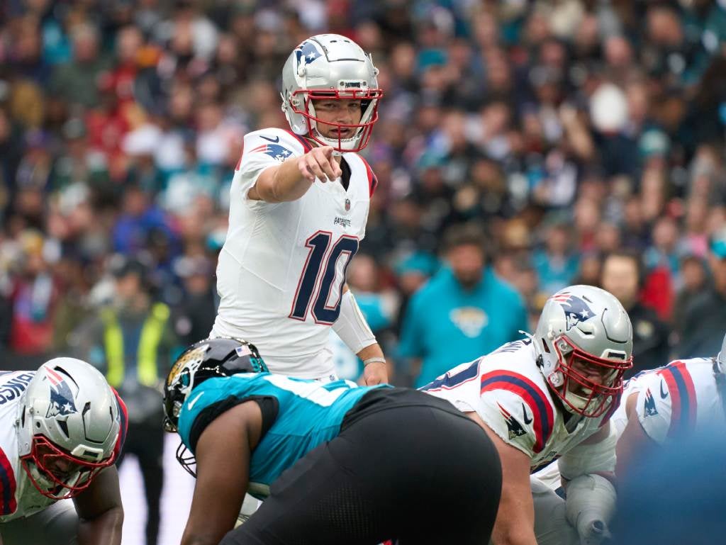 Oct 20, 2024; London, United Kingdom; New England Patriots quarterback Drake Maye (10) in the first half during an NFL International Series game at Wembley Stadium. Credit: Peter van den Berg-Imagn Images