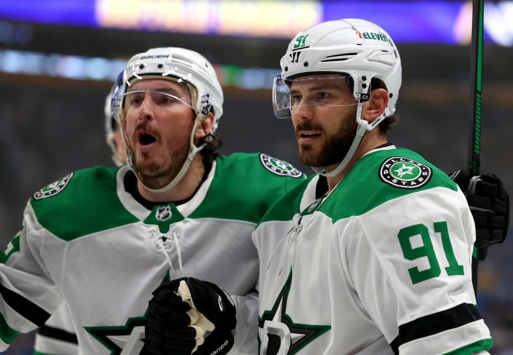 Oct 22, 2024; Buffalo, New York, USA;  Dallas Stars center Tyler Seguin (91) celebrates his goal during the third period against the Buffalo Sabres at KeyBank Center. Mandatory Credit: Timothy T. Ludwig-Imagn Images