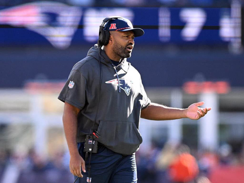 Oct 27, 2024; Foxborough, Massachusetts, USA; New England Patriots head coach Jerod Mayo calls a play against the New York Jets during the first half at Gillette Stadium. Credit: Brian Fluharty-Imagn Images