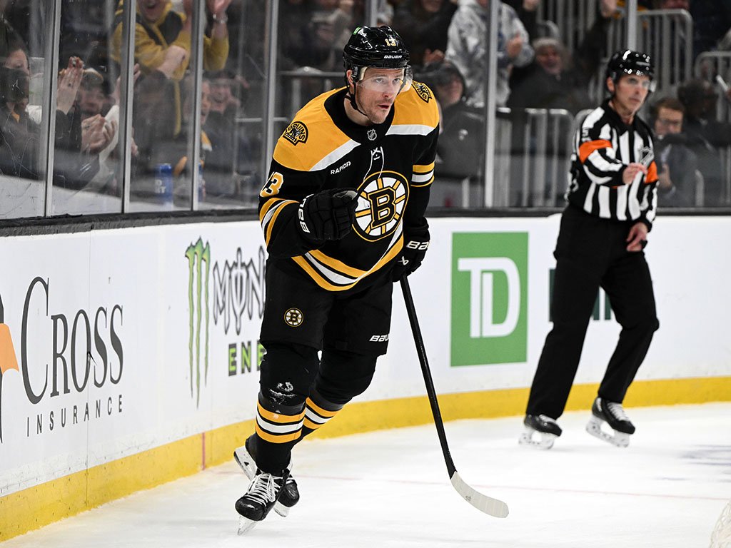 Nov 3, 2024; Boston, Massachusetts, USA; Boston Bruins center Charlie Coyle (13) reacts after scoring a goal against the Seattle Kraken during the first period at the TD Garden. Mandatory Credit: Brian Fluharty-Imagn Images