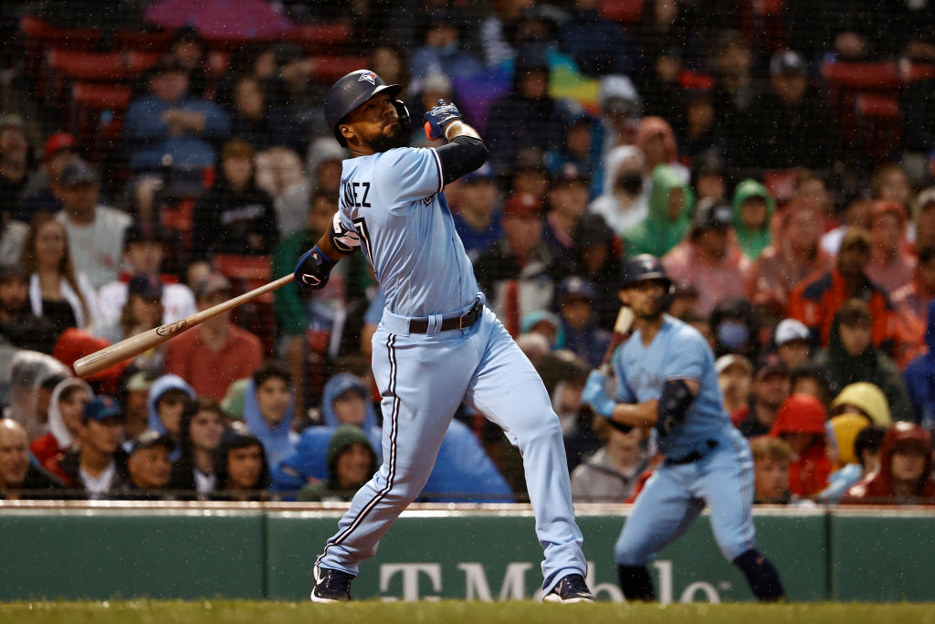 BOSTON, MA - JULY 29: Teoscar Hernandez #37 of the Toronto Blue Jays follows through on his two-run double against the Boston Red Sox during the first inning at Fenway Park on July 29, 2021 in Boston, Massachusetts. (Photo By Winslow Townson/Getty Images)