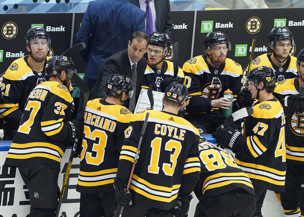 TORONTO, ONTARIO - AUGUST 05: Assistant coach Jay Pandolfo of the Boston Bruins handles bench duties during the game against the Tampa Bay Lightning in an Eastern Conference Round Robin game during the 2020 NHL Stanley Cup Playoff at Scotiabank Arena on August 5, 2020 in Toronto, Ontario, Canada. (Photo by Andre/Ringuette/Getty Images)