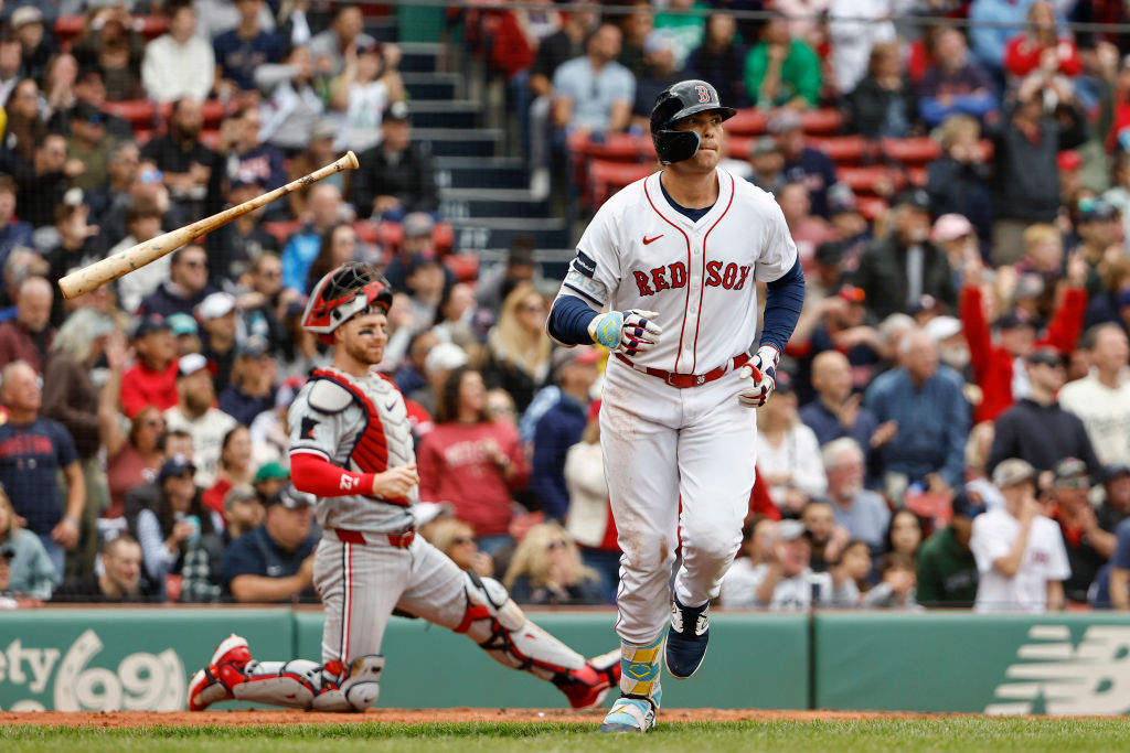 BOSTON, MA - SEPTEMBER 22: Triston Casas #36 of the Boston Red Sox flips his bat a he watches his three-run home run against the Minnesota Twins during the first inning of game one of a doubleheader at Fenway Park on September 22, 2024 in Boston, Massachusetts. (Photo By Winslow Townson/Getty Images)