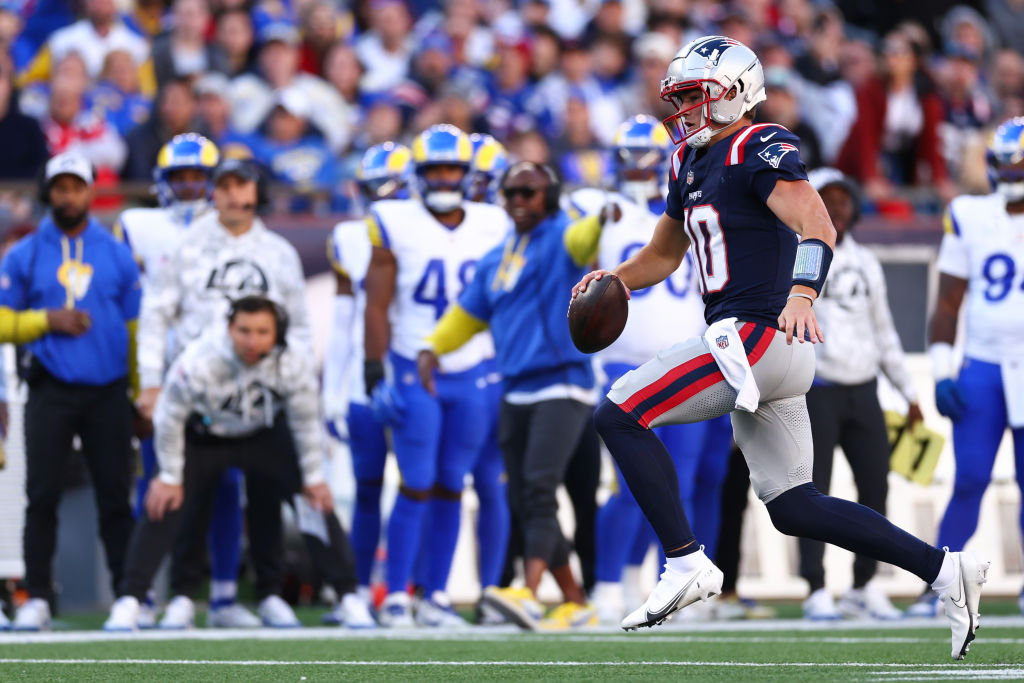 FOXBOROUGH, MASSACHUSETTS - NOVEMBER 17: Drake Maye #10 of the New England Patriots runs with the ball during the second quarter against the Los Angeles Rams at Gillette Stadium on November 17, 2024 in Foxborough, Massachusetts. (Photo by Maddie Meyer/Getty Images)