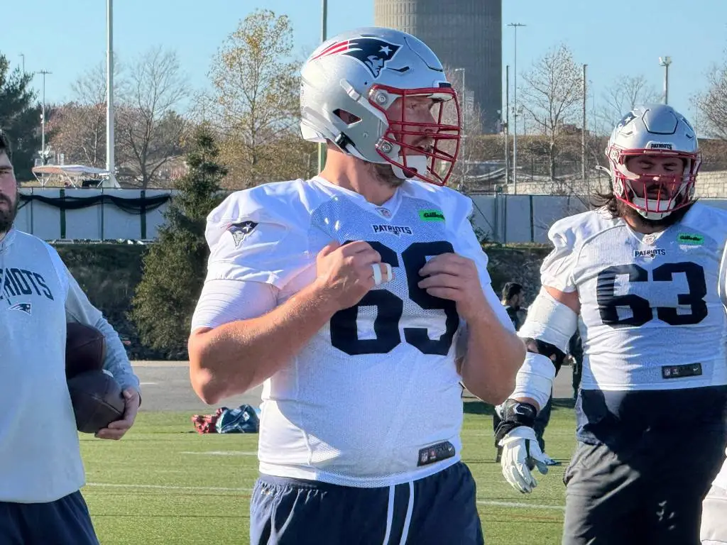 Patriots offensive lineman Cole Strange during a Wednesday practice. (Alex Barth/98.5 The Sports Hub)