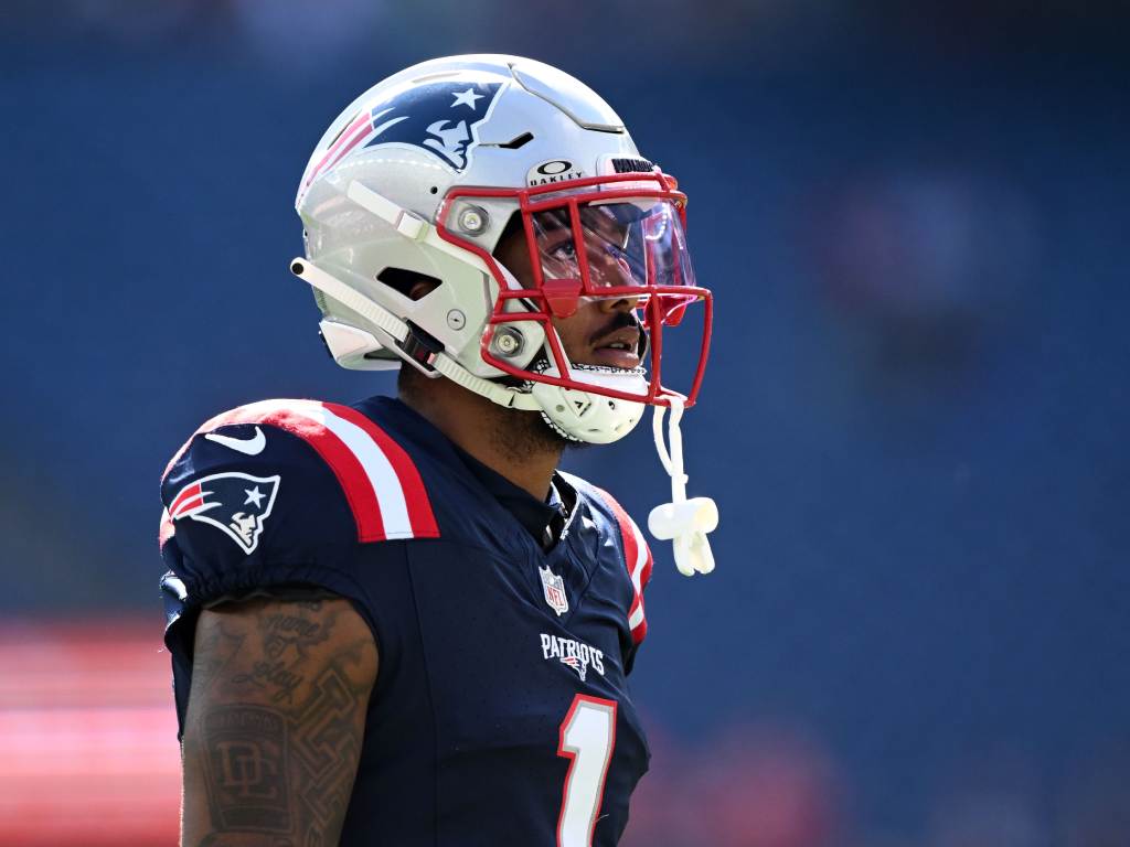 Oct 6, 2024; Foxborough, Massachusetts, USA;  New England Patriots wide receiver Ja'Lynn Polk (1) walks onto the field before a game against the Miami Dolphins at Gillette Stadium. Mandatory Credit: Brian Fluharty-Imagn Images