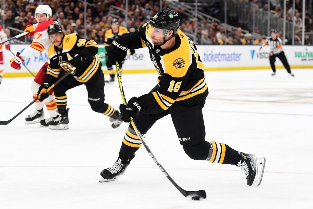 Nov 7, 2024; Boston, Massachusetts, USA; Boston Bruins center Pavel Zacha (18) shoots the puck during the first period against the Calgary Flames at TD Garden. Mandatory Credit: Bob DeChiara-Imagn Images