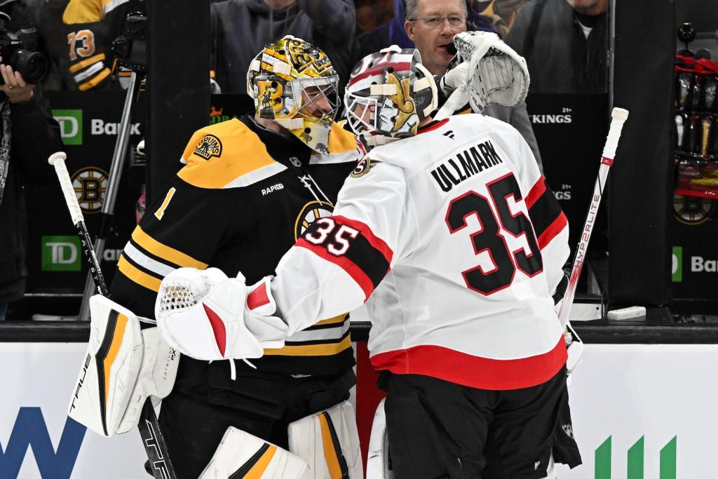 Nov 9, 2024; Boston, Massachusetts, USA; Boston Bruins goaltender Jeremy Swayman (1) hugs Ottawa Senators goaltender Linus Ullmark (35) before a game at TD Garden. Mandatory Credit: Brian Fluharty-Imagn Images