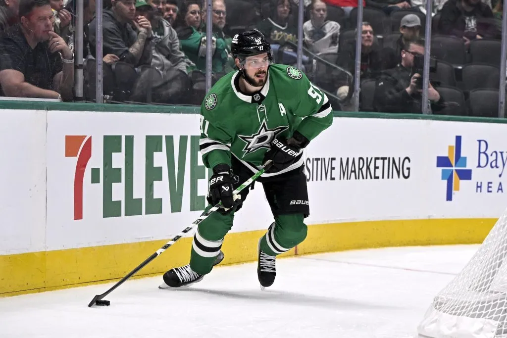 Nov 7, 2024; Dallas, Texas, USA; Dallas Stars center Tyler Seguin (91) in action during the game between the Dallas Stars and the Chicago Blackhawks at the American Airlines Center. Mandatory Credit: Jerome Miron-Imagn Images