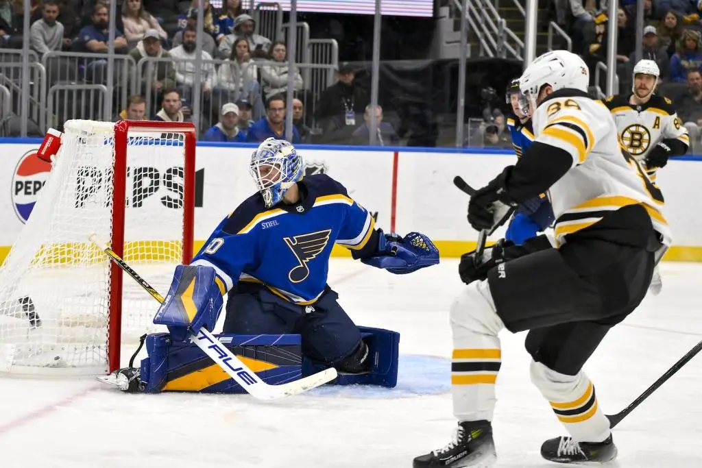 Nov 12, 2024; St. Louis, Missouri, USA;  St. Louis Blues goaltender Jordan Binnington (50) gives up a goal to Boston Bruins center Morgan Geekie (39) during the third period at Enterprise Center. Mandatory Credit: Jeff Curry-Imagn Images