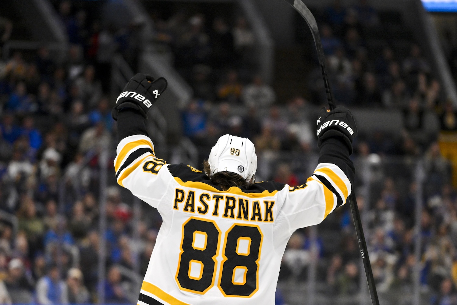 Nov 12, 2024; St. Louis, Missouri, USA;  Boston Bruins right wing David Pastrnak (88) reacts after scoring the game winning goal against the St. Louis Blues during the third period at Enterprise Center. Mandatory Credit: Jeff Curry-Imagn Images