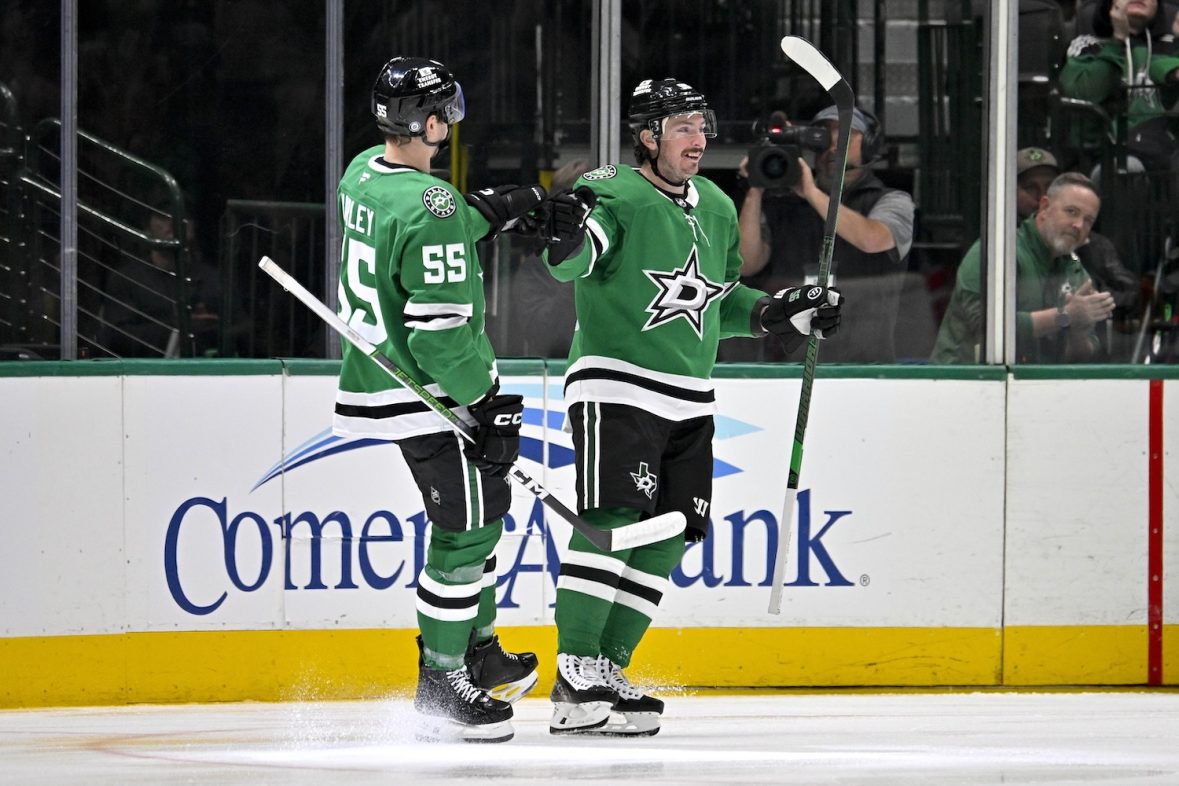 Nov 14, 2024; Dallas, Texas, USA; Dallas Stars defenseman Thomas Harley (55) and center Matt Duchene (95) celebrates a goal scored by Duchene against the Boston Bruins during the first period at the American Airlines Center. Mandatory Credit: Jerome Miron-Imagn Images