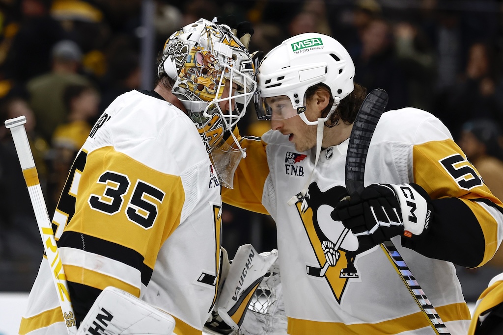 Nov 29, 2024; Boston, Massachusetts, USA; Pittsburgh Penguins goaltender Tristan Jarry (35) is congratulated by center Philip Tomasino (53) after their 2-1 win over the Boston Bruins at TD Garden. Mandatory Credit: Winslow Townson-Imagn Images