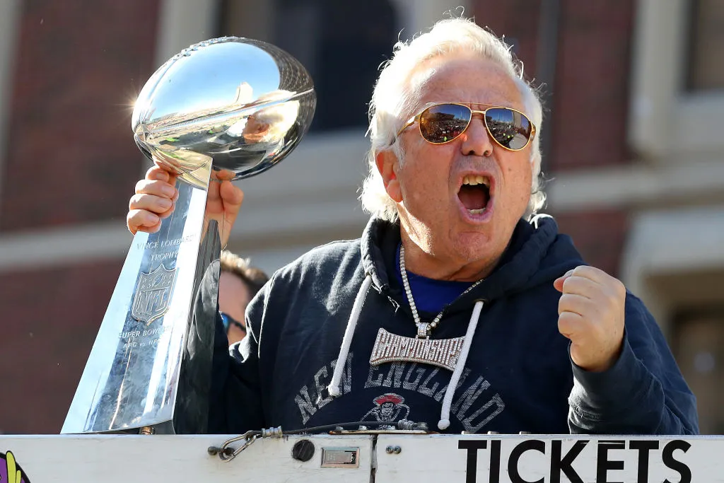 BOSTON, MASSACHUSETTS - FEBRUARY 05: Patriots ownder Robert Kraft celebrates on Cambridge street during the New England Patriots Victory Parade on February 05, 2019 in Boston, Massachusetts. (Photo by Maddie Meyer/Getty Images)