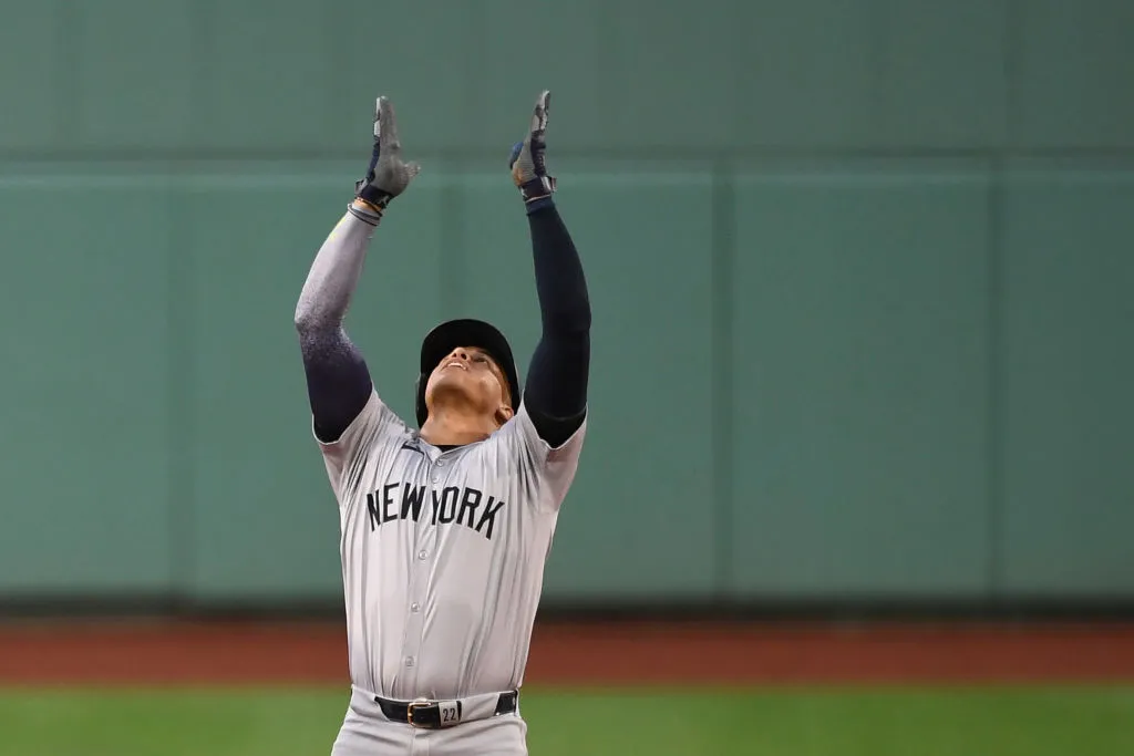 BOSTON, MASSACHUSETTS - JUNE 14: Juan Soto #22 of the New York Yankees reacts on second base after hitting a double during the first inning of a game against the Boston Red Sox at Fenway Park on June 14, 2024 in Boston, Massachusetts. (Photo by Jaiden Tripi/Getty Images)