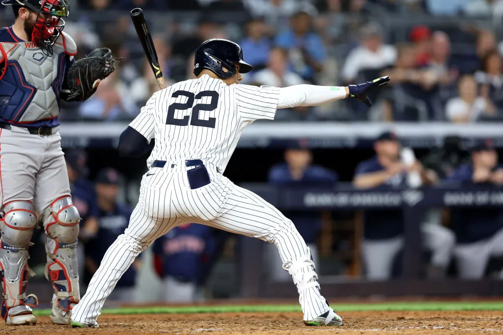 NEW YORK, NEW YORK - SEPTEMBER 13: Juan Soto #22 of the New York Yankees in action against the Boston Red Sox at Yankee Stadium on September 13, 2024 in the Bronx borough of New York City. (Photo by Luke Hales/Getty Images)