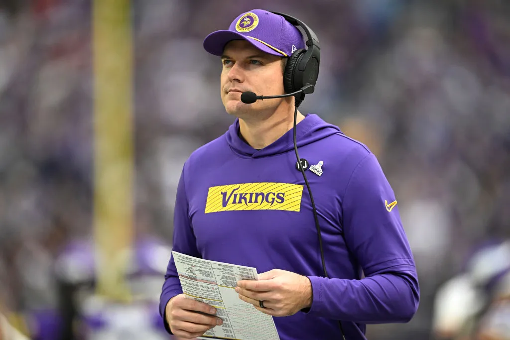 MINNEAPOLIS, MINNESOTA - DECEMBER 01: Head coach Kevin O'Connell of the Minnesota Vikings looks on during the first quarter of a game against the Arizona Cardinals at U.S. Bank Stadium on December 01, 2024 in Minneapolis, Minnesota. (Photo by Stephen Maturen/Getty Images)