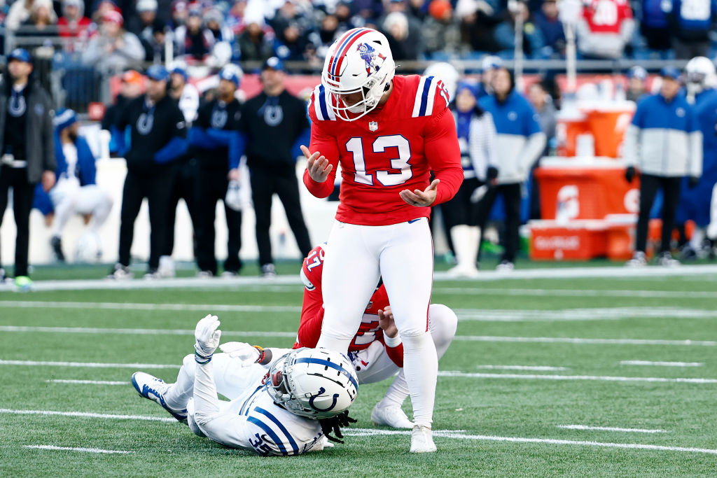 FOXBOROUGH, MASSACHUSETTS - DECEMBER 01: Joey Slye #13 of the New England Patriots reacts after missing a field goal during the first half of a game against the Indianapolis Colts at Gillette Stadium on December 01, 2024 in Foxborough, Massachusetts. (Photo by Winslow Townson/Getty Images)