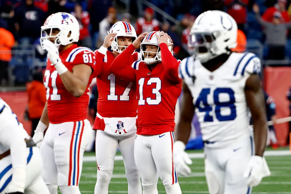 FOXBOROUGH, MASSACHUSETTS - DECEMBER 01: Joey Slye #13 of the New England Patriots reacts after missing a 68-yard field goal as time expired in the fourth quarter of a game against the Indianapolis Colts at Gillette Stadium on December 01, 2024 in Foxborough, Massachusetts. (Photo by Winslow Townson/Getty Images)