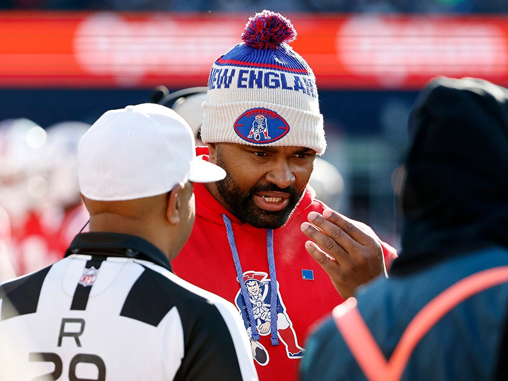 FOXBOROUGH, MASSACHUSETTS - DECEMBER 01: Head coach Jerod Mayo of the New England Patriots talks with referees during the first half of a game against the Indianapolis Colts at Gillette Stadium on December 01, 2024 in Foxborough, Massachusetts. (Photo by Winslow Townson/Getty Images)