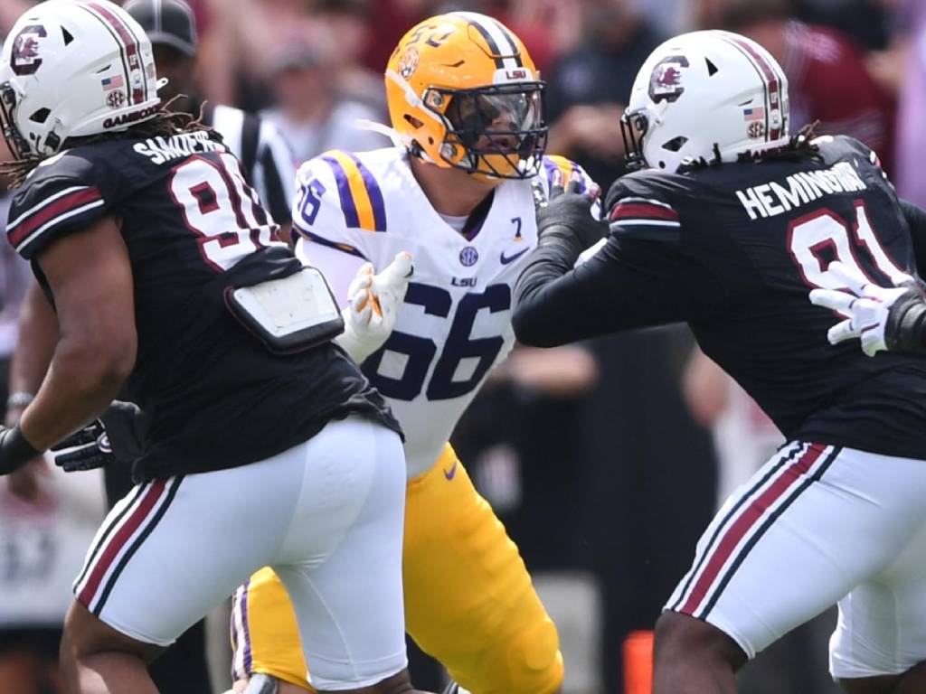 Louisiana State University offensive lineman Will Campbell (66) blocks during the first quarter at Williams-Brice Stadium in Columbia, S.C. Saturday, September 14, 2024. (Ken Ruinard/USA Today Network)