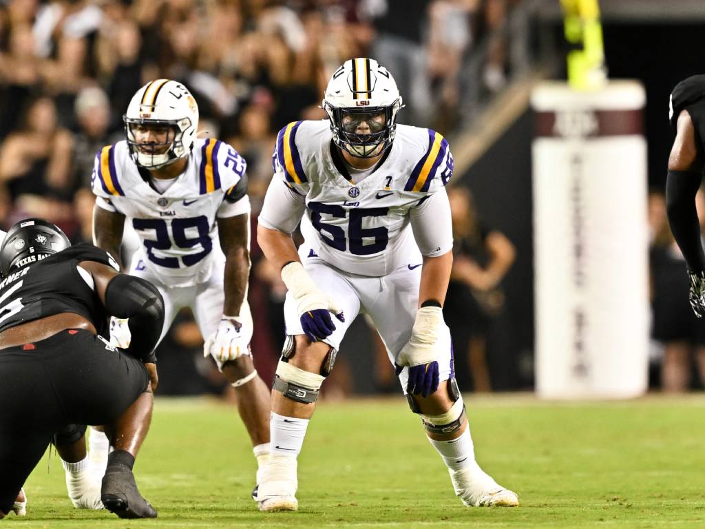 Oct 26, 2024; College Station, Texas, USA; LSU Tigers offensive tackle Will Campbell (66) lines up during the second half against the Texas A&M Aggies. The Aggies defeated the Tigers 38-23; at Kyle Field. Mandatory Credit: Maria Lysaker-Imagn Images.