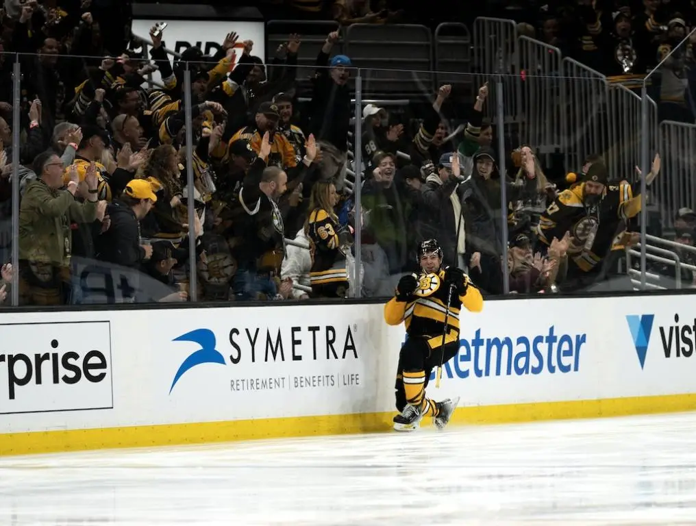 Dec 1, 2024; Boston, Massachusetts, USA; Boston Bruins defenseman Charlie McAvoy (73) celebrates a goal against the Montreal Canadiens during the second period at the TD Garden. Mandatory Credit: Natalie Reid-Imagn Images