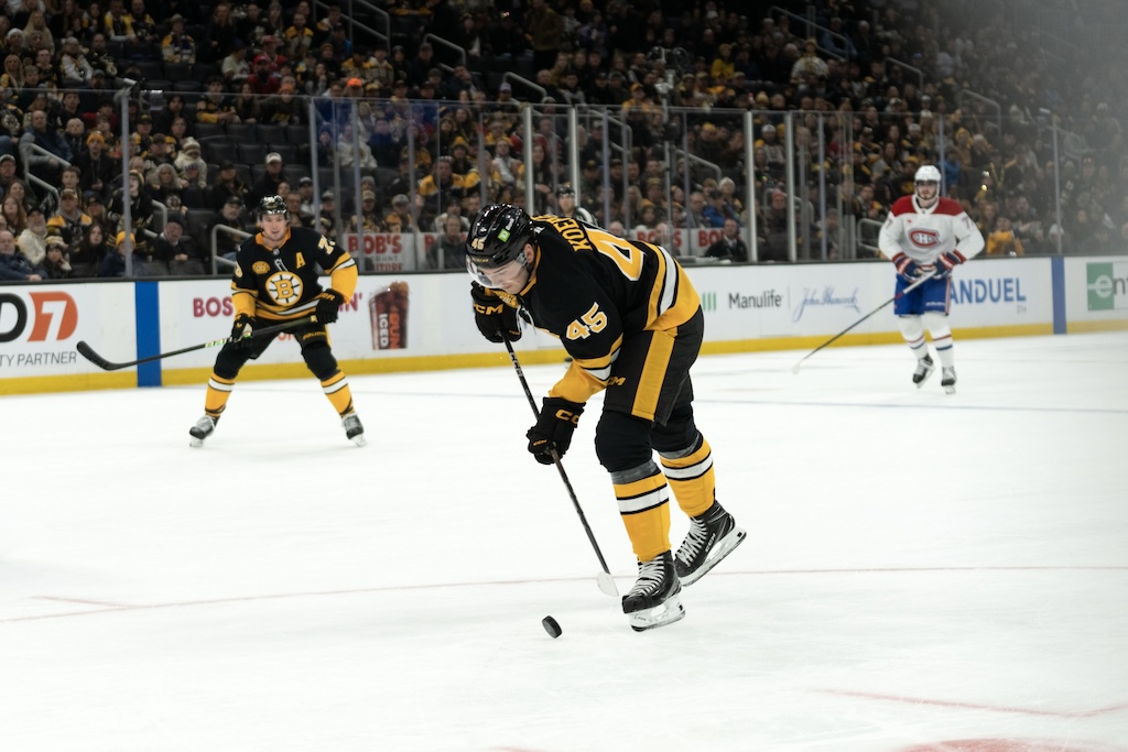 Dec 1, 2024; Boston, Massachusetts, USA; Boston Bruins left wing Cole Koepke (45) scores on an empty net in the third period against the Montreal Canadiens at the TD Garden. Mandatory Credit: Natalie Reid-Imagn Images