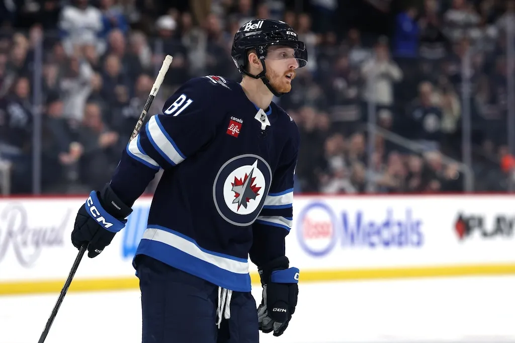 Dec 8, 2024; Winnipeg, Manitoba, CAN; Winnipeg Jets left wing Kyle Connor (81) celebrates his second period goal against the Columbus Blue Jackets at Canada Life Centre. Mandatory Credit: James Carey Lauder-Imagn Images