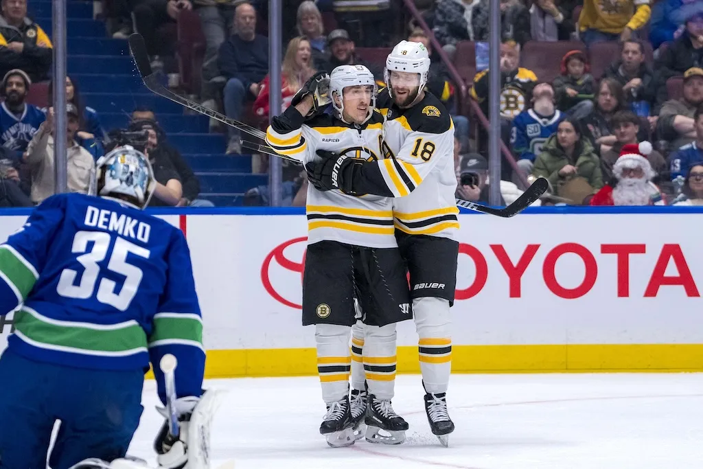 Dec 14, 2024; Vancouver, British Columbia, CAN; Vancouver Canucks goalie Thatcher Demko (35) reacts as Boston Bruins forward Brad Marchand (63) and forward Pavel Zacha (18) celebrate Marchand‚Äôs goal during the first period at Rogers Arena. Mandatory Credit: Bob Frid-Imagn Images