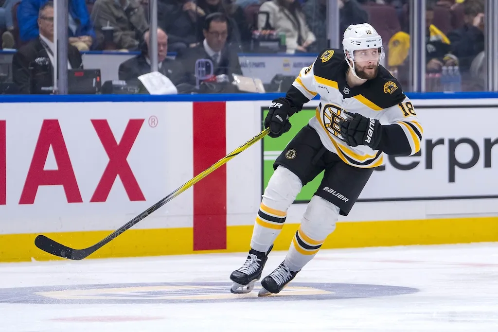 Dec 14, 2024; Vancouver, British Columbia, CAN; Boston Bruins forward Pavel Zacha (18) skates against the Vancouver Canucks during the third period at Rogers Arena. Mandatory Credit: Bob Frid-Imagn Images