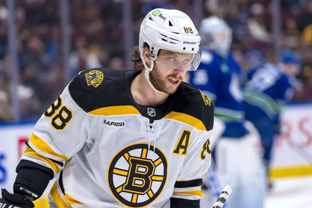 Dec 14, 2024; Vancouver, British Columbia, CAN; Boston Bruins forward David Pastrnak (88) during a stop in play against the Vancouver Canucks in the third period at Rogers Arena. Mandatory Credit: Bob Frid-Imagn Images