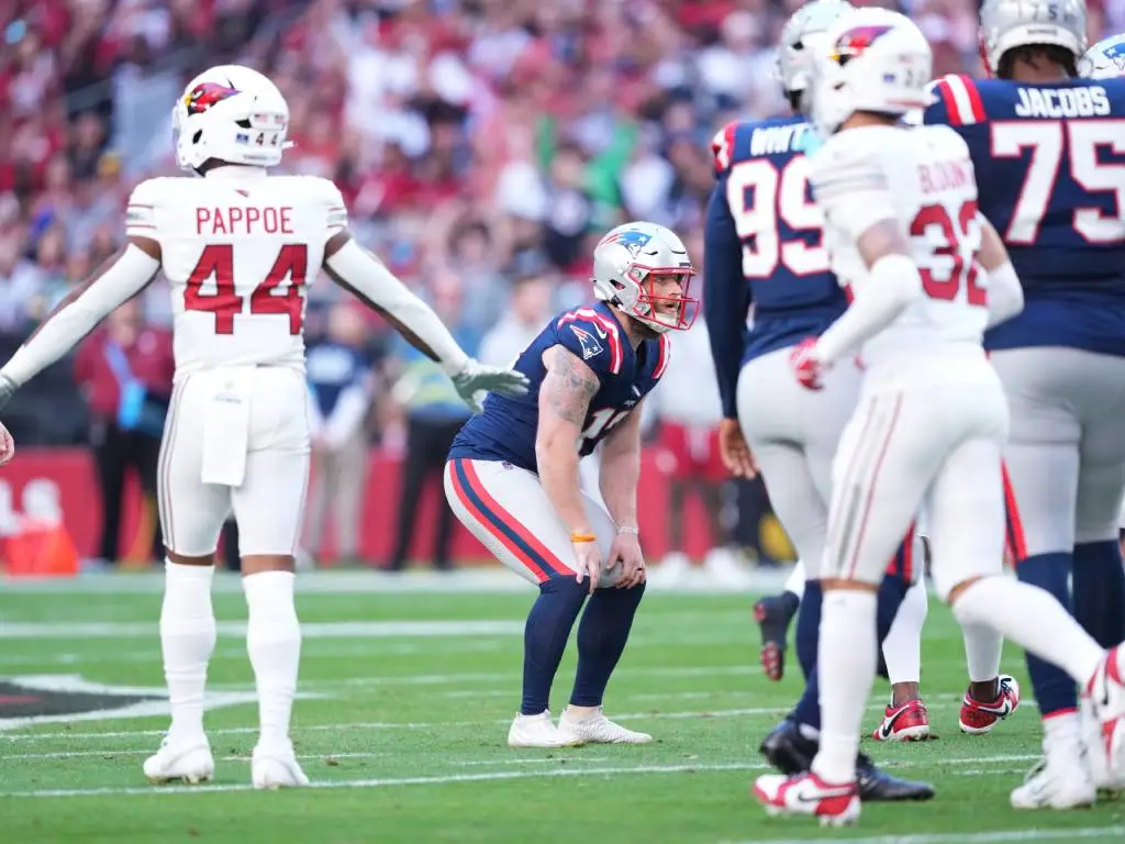 Dec 15, 2024; Glendale, Arizona, USA; New England Patriots placekicker Joey Slye (13) reacts after missing a field goal against the Arizona Cardinals during the first half at State Farm Stadium. Credit: Joe Camporeale-Imagn Images