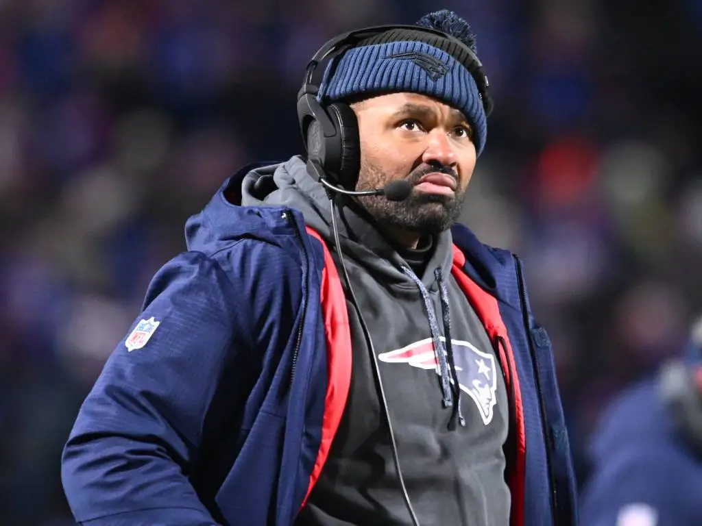 Dec 22, 2024; Orchard Park, New York, USA; New England Patriots head coach Jerod Mayo looks to the scoreboard in the fourth quarter game against the Buffalo Bills at Highmark Stadium. Credit: Mark Konezny-Imagn Images