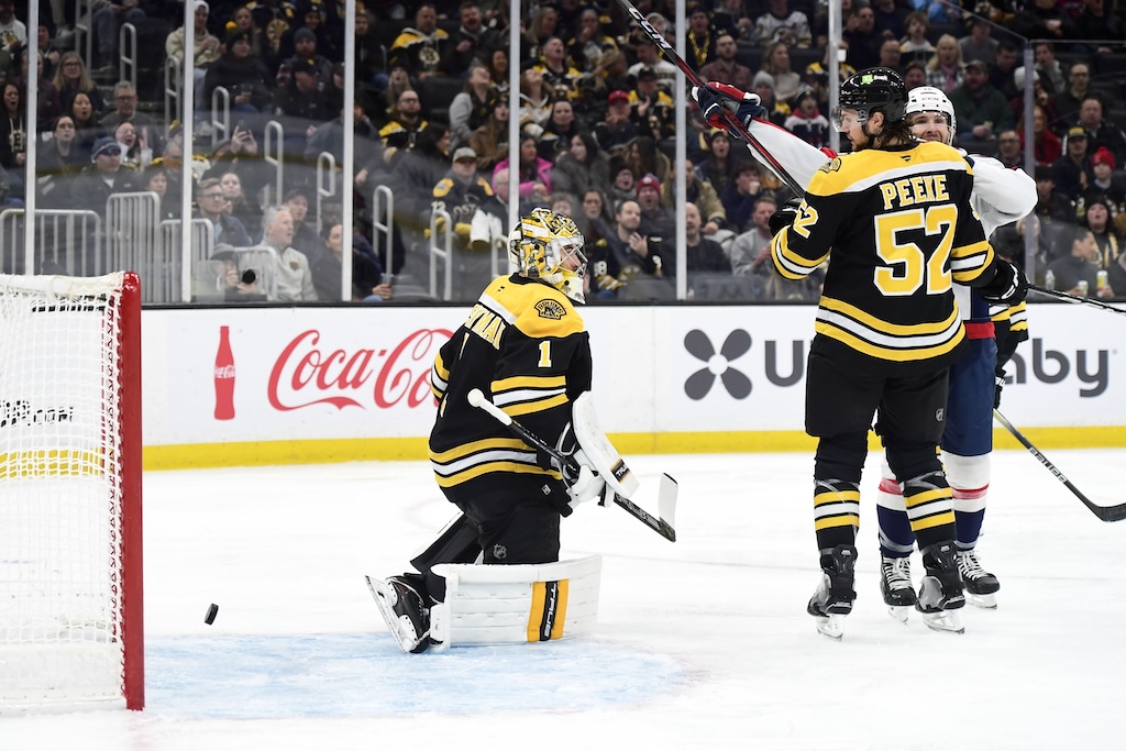 Dec 23, 2024; Boston, Massachusetts, USA; Washington Capitals left wing Jakub Vrana (13) (not pictured) scores a goal past Boston Bruins goaltender Jeremy Swayman (1) during the second period at TD Garden. Mandatory Credit: Bob DeChiara-Imagn Images